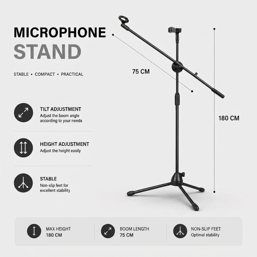 Microphone Stand 180 CM Foldable | Podcast & Stage | Tall Design