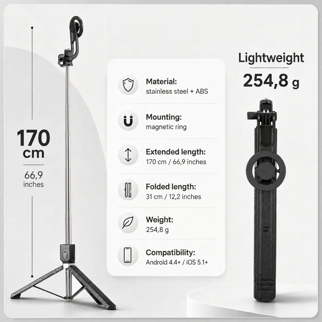 Selfie Stick Tripod iPhone 12 13 14 15 Pro Max 170 CM | Bluetooth