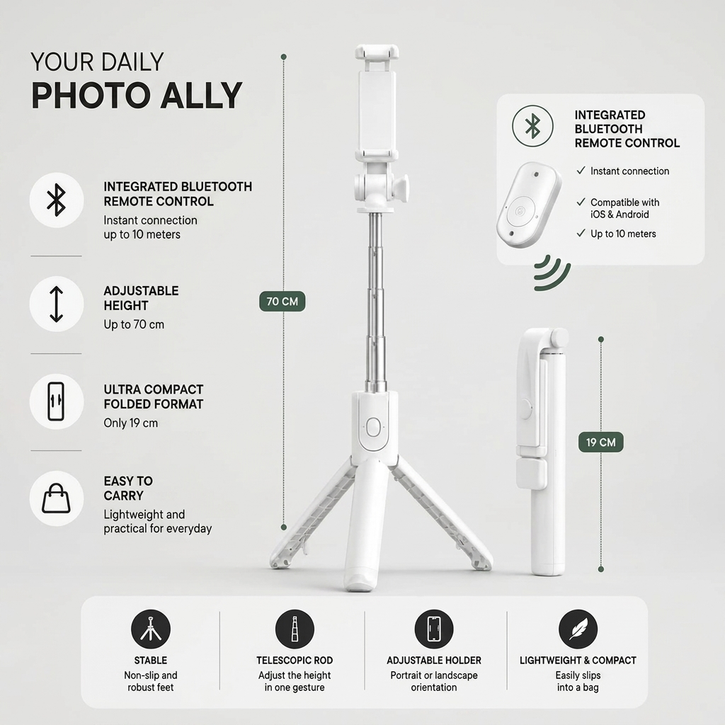 Phone Tripod 70 CM White | iPhone & Android | Selfie & Bluetooth Remote