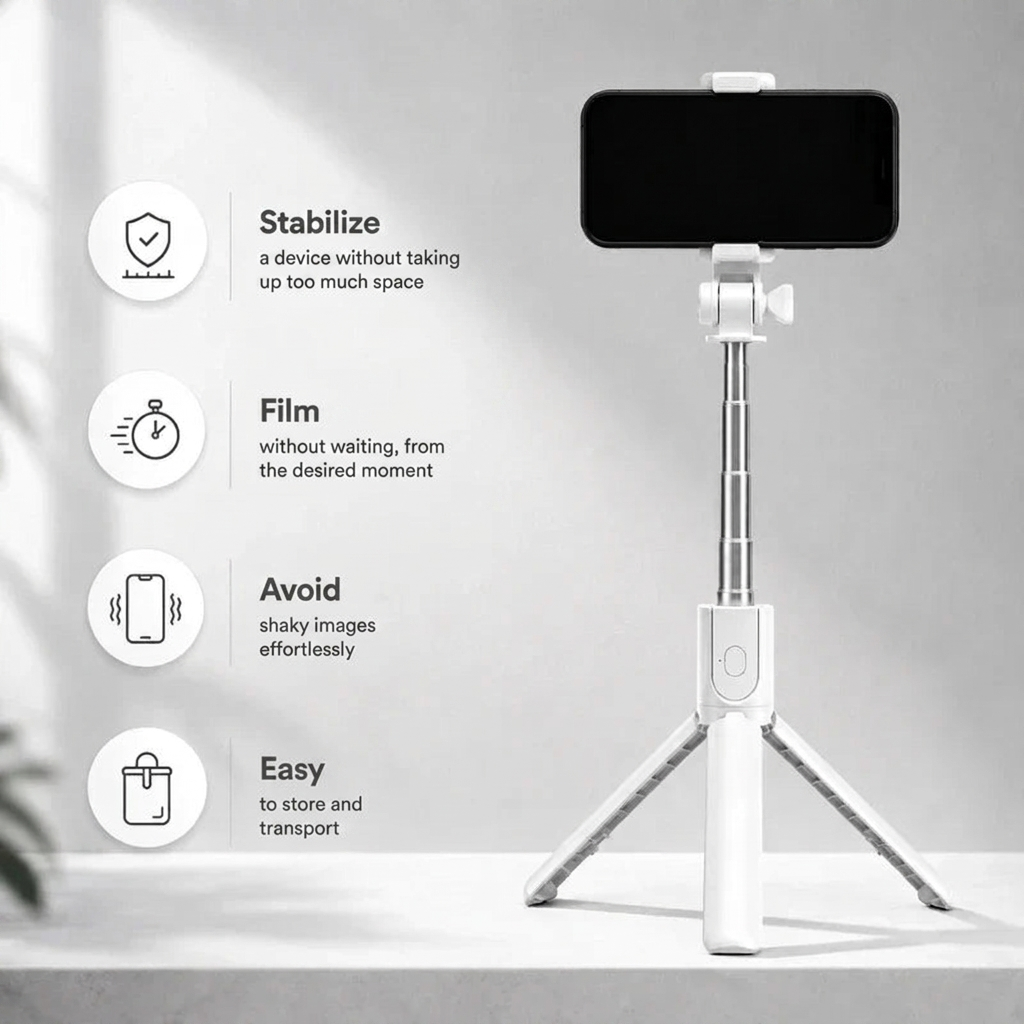 Phone Tripod 70 CM White | iPhone & Android | Selfie & Bluetooth Remote