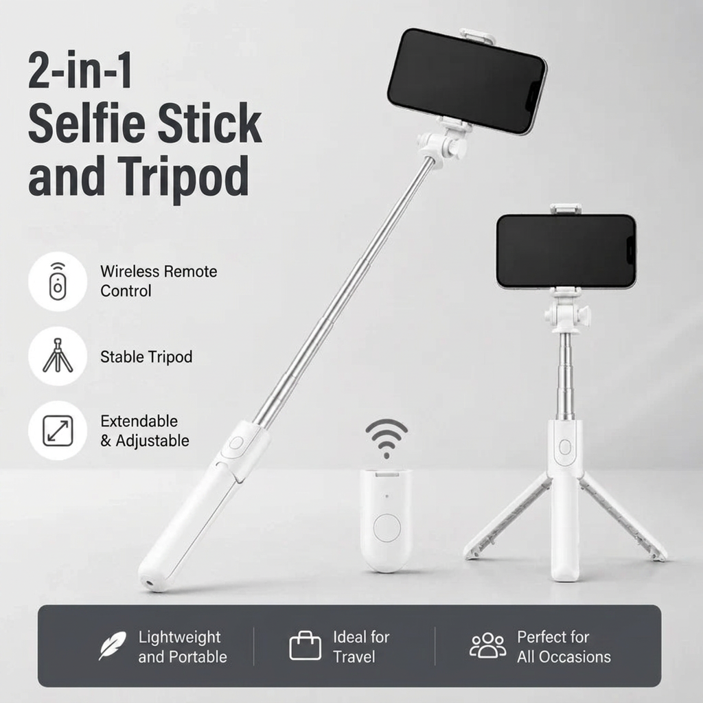 Phone Tripod 70 CM White | iPhone & Android | Selfie & Bluetooth Remote