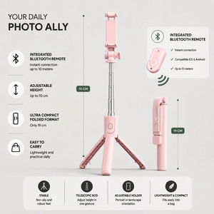 Phone Tripod 70 CM Pink | iPhone & Android | Selfie & Bluetooth Remote