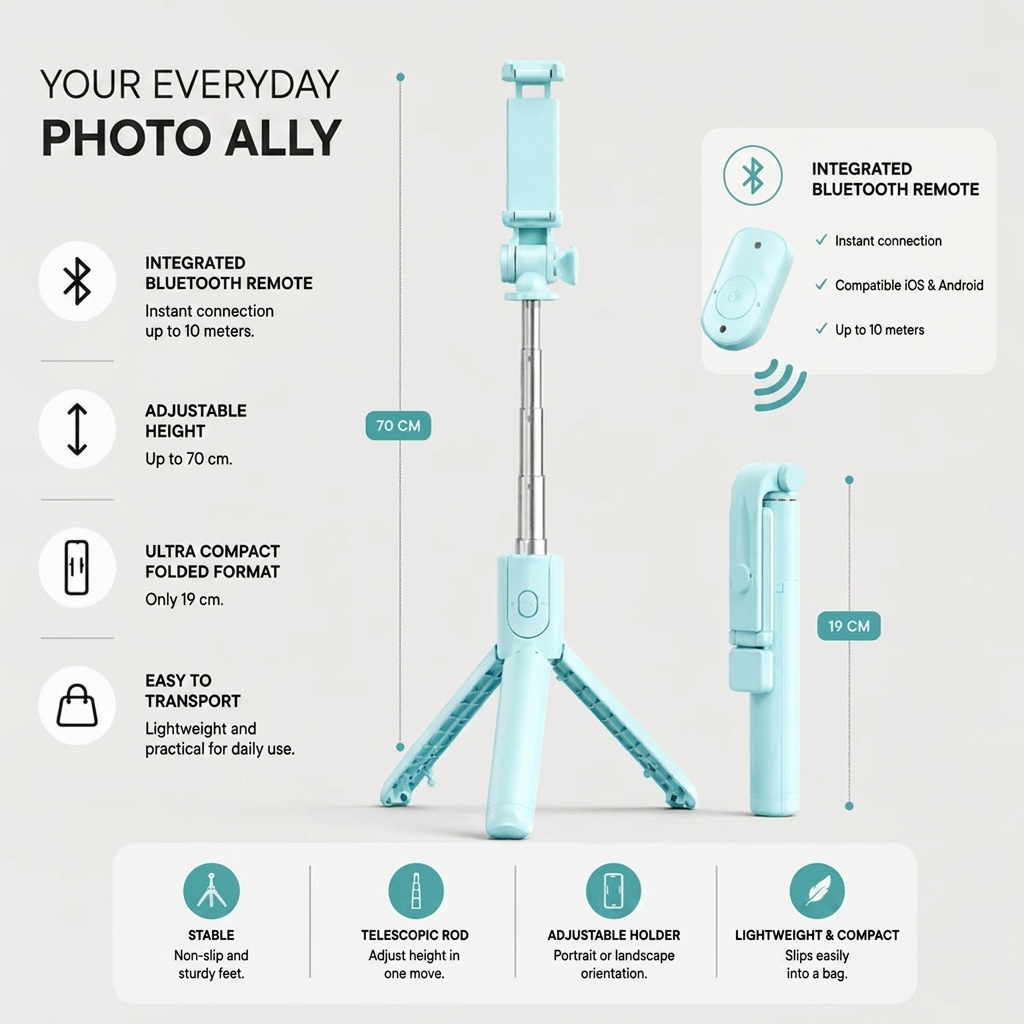 Phone Tripod 70 CM Turquoise | iPhone & Android | Selfie & Bluetooth Remote
