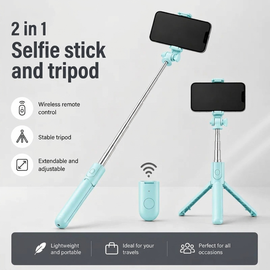 Phone Tripod 70 CM Turquoise | iPhone & Android | Selfie & Bluetooth Remote