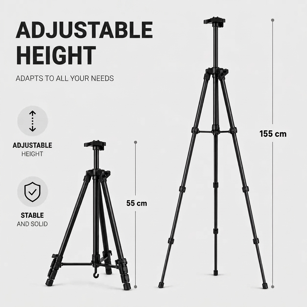 Easel Tripod 155 CM Black Aluminum | Adjustable & Stable | Carry Bag Included