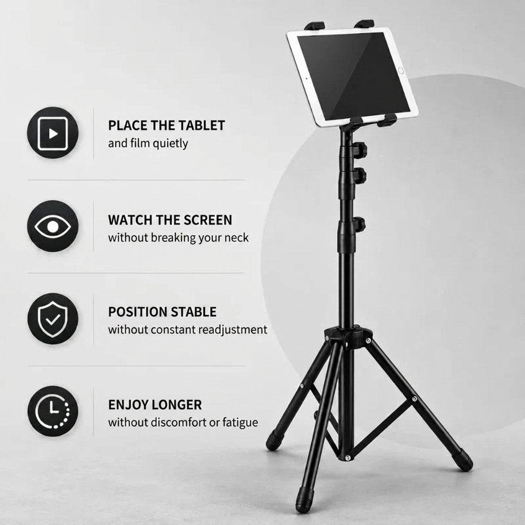 Tablet Tripod 136 CM | iPad & Samsung Galaxy | Adjustable 52–136 cm & Universal Holder
