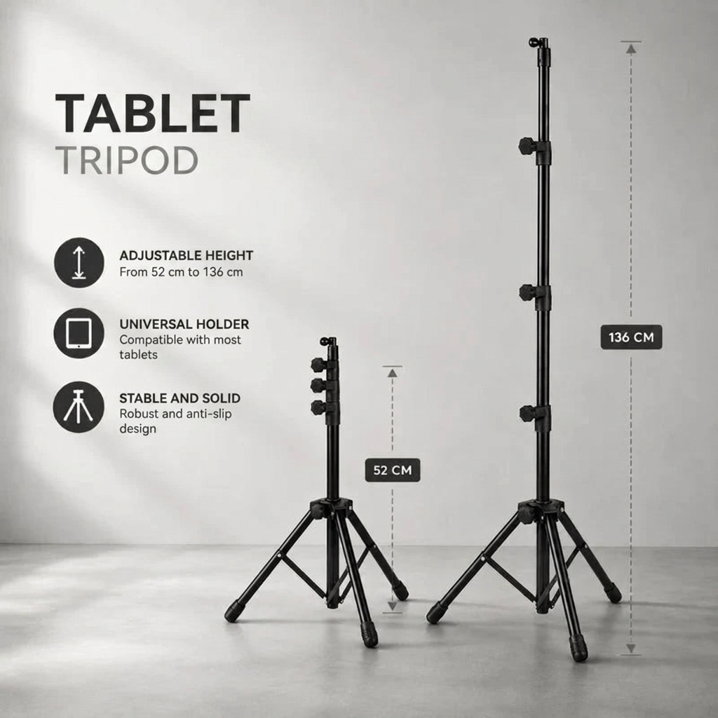 Tablet Tripod 136 CM | iPad & Samsung Galaxy | Adjustable 52–136 cm & Universal Holder