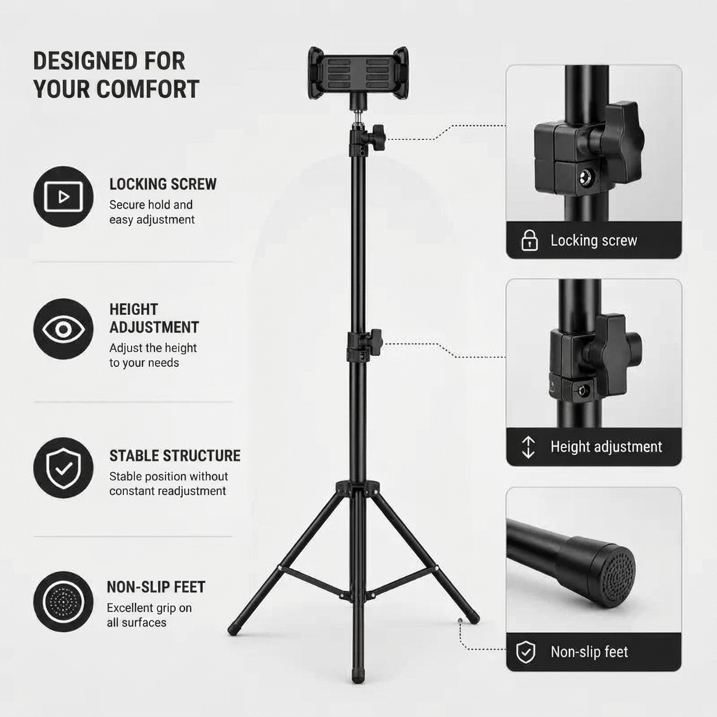 Tablet Tripod 160 CM | iPad & Samsung Galaxy | Storage Bag & Holder Included