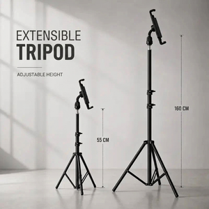 Tablet Tripod 160 CM Black | iPad & Samsung Galaxy | Storage Bag & Holder Included