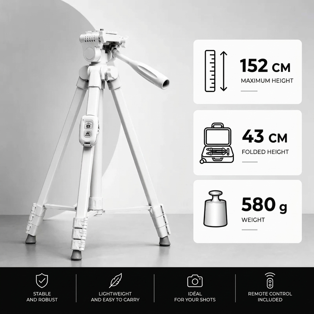 Phone Tripod 152 CM White Aluminum | iPhone & Android | Stable Hands-Free Setup, Holder & Remote Included
