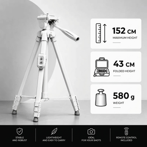 Phone Tripod 152 CM White Aluminum | iPhone & Android | Stable Hands-Free Setup, Holder & Remote Included