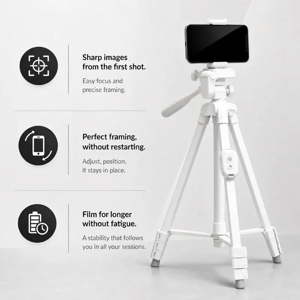Phone Tripod 152 CM White Aluminum | iPhone & Android | Stable Hands-Free Setup, Holder & Remote Included