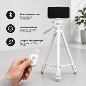 Phone Tripod 152 CM White Aluminum | iPhone & Android | Stable Hands-Free Setup, Holder & Remote Included