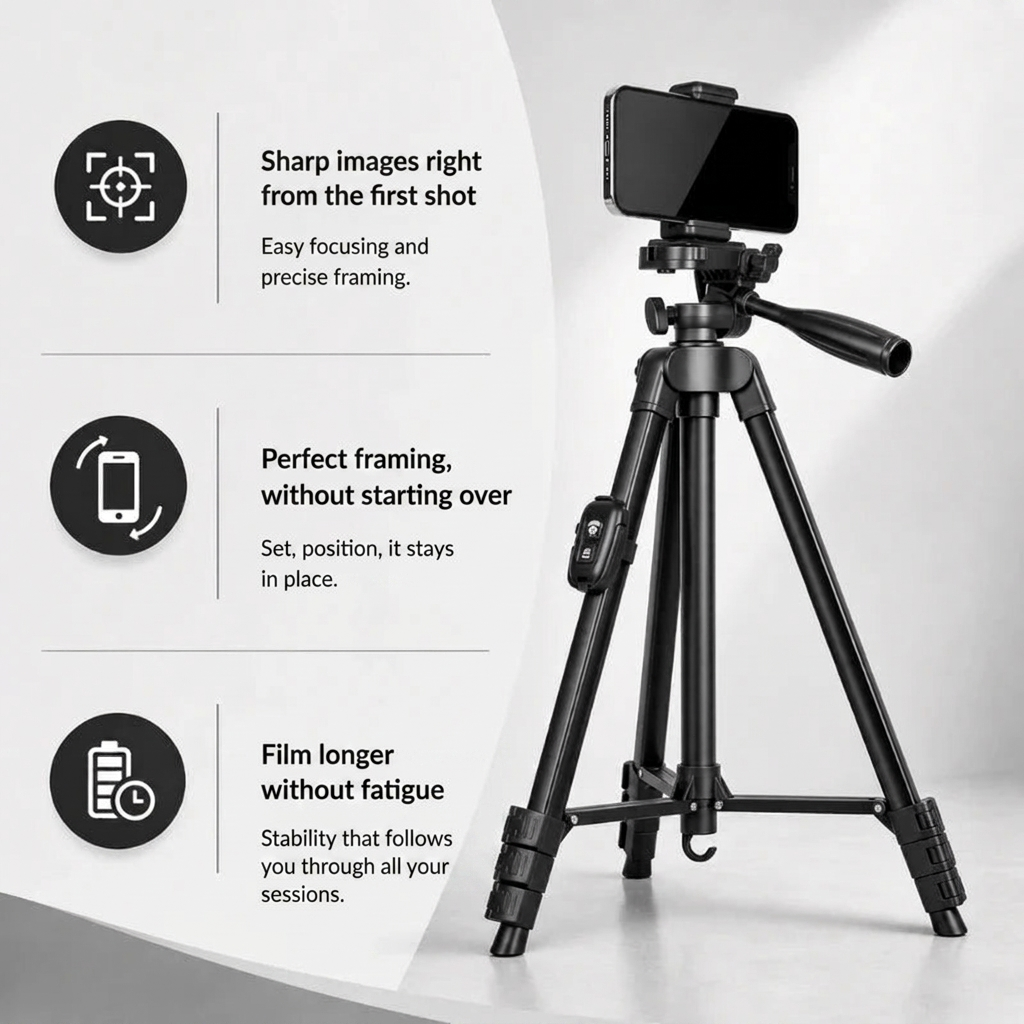 Phone Tripod 152 CM Black Aluminum | iPhone & Android | Stable Hands-Free Setup, Holder & Remote Included