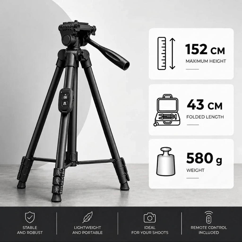 Phone Tripod 152 CM Black Aluminum | iPhone & Android | Stable Hands-Free Setup, Holder & Remote Included