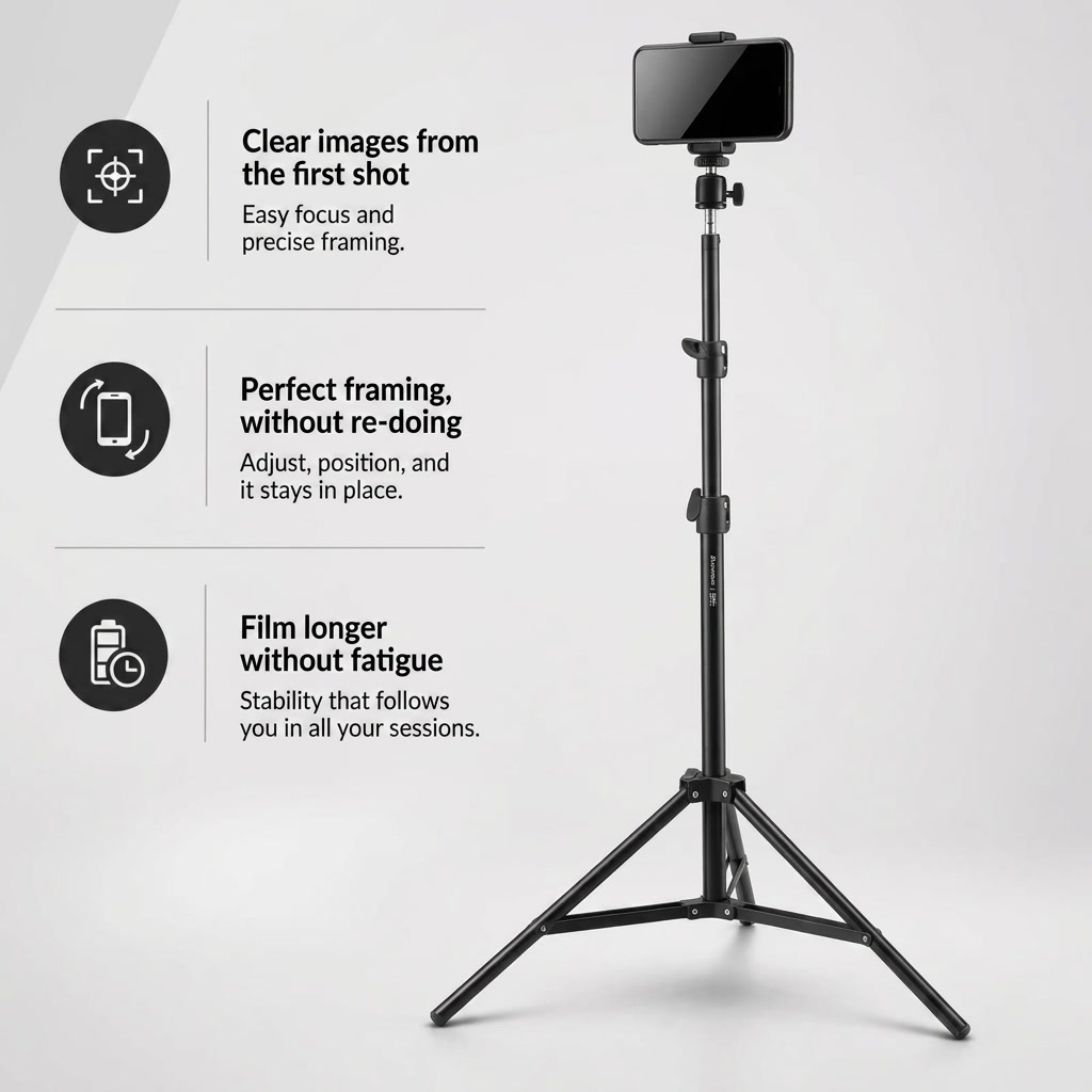 Phone Tripod 160 CM Black Aluminum | iPhone & Android | Adjustable & Anti-Vibration