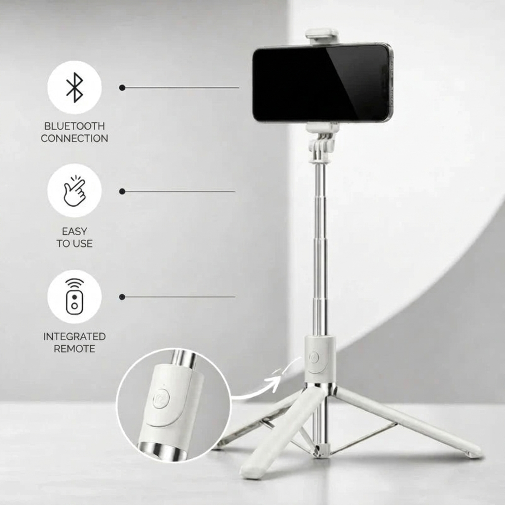 Phone Tripod 170 CM White Aluminum | iPhone & Android | Stable at Full Extension & Remote Included