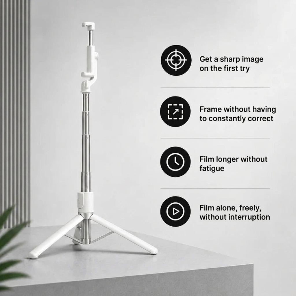 Phone Tripod 170 CM White Aluminum | iPhone & Android | Stable at Full Extension & Remote Included