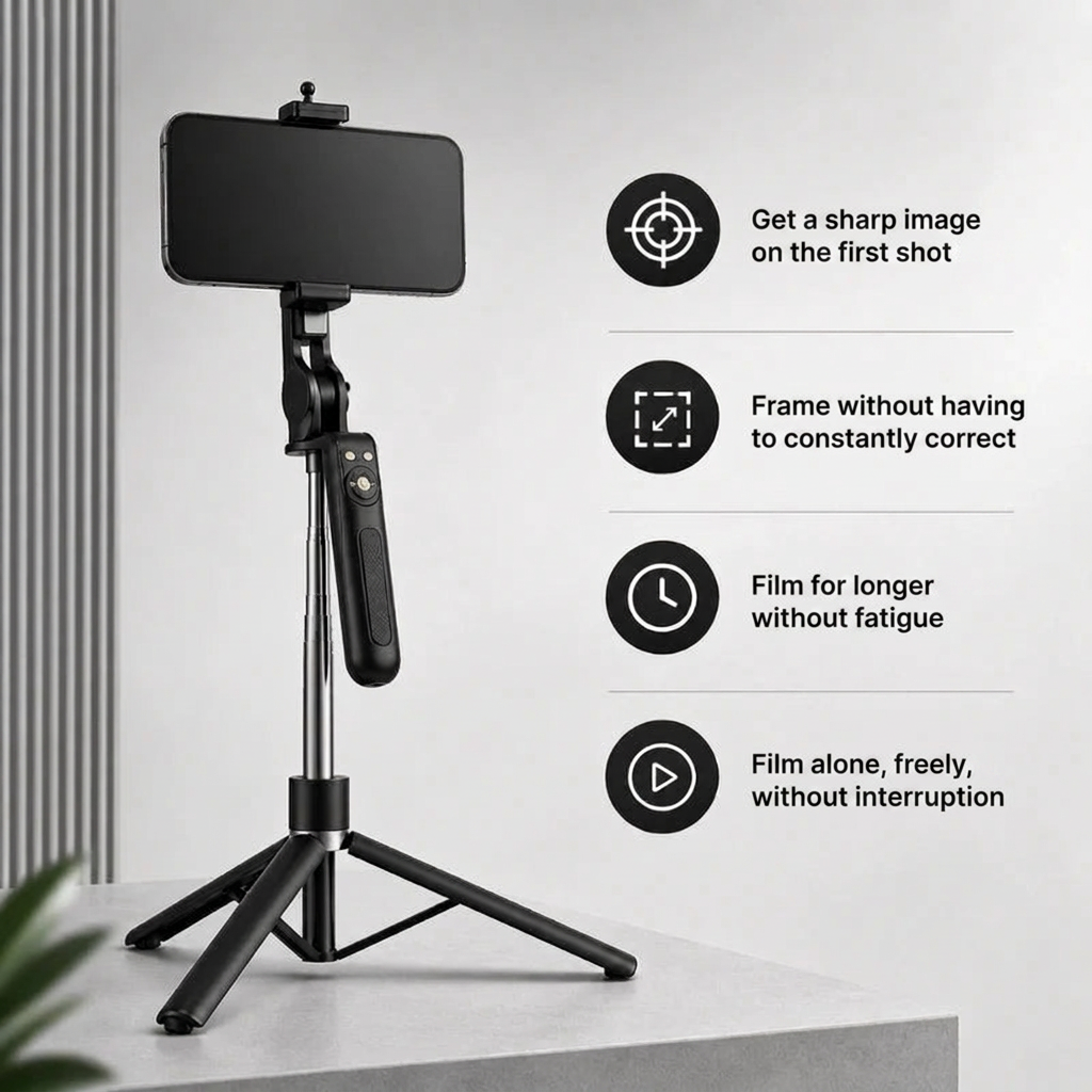 Phone Tripod 170 CM Black Aluminum | iPhone & Android | Stable at Full Extension & Remote Included