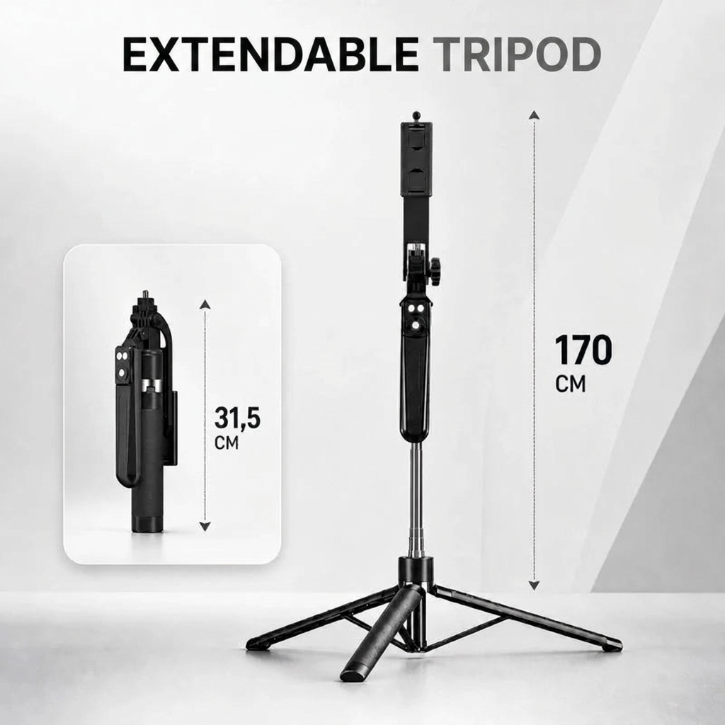 Phone Tripod 170 CM Black Aluminum | iPhone & Android | Stable at Full Extension & Remote Included