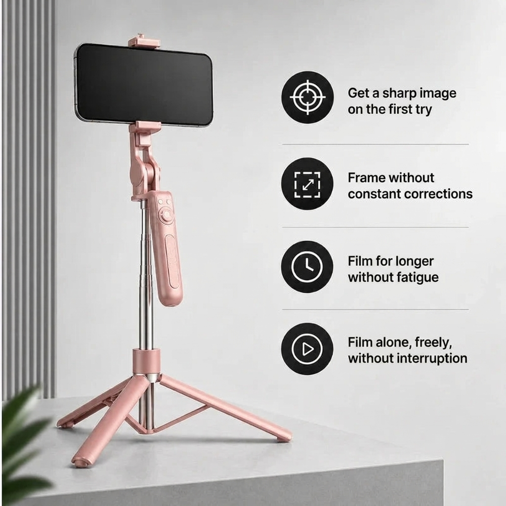 Phone Tripod 170 CM Pink Aluminum | iPhone & Android | Stable at Full Extension & Remote Included