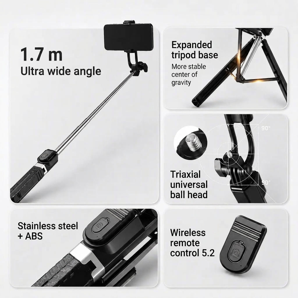 Phone Tripod 170 CM Telescopic Bluetooth | Selfie, Live Streaming & Travel