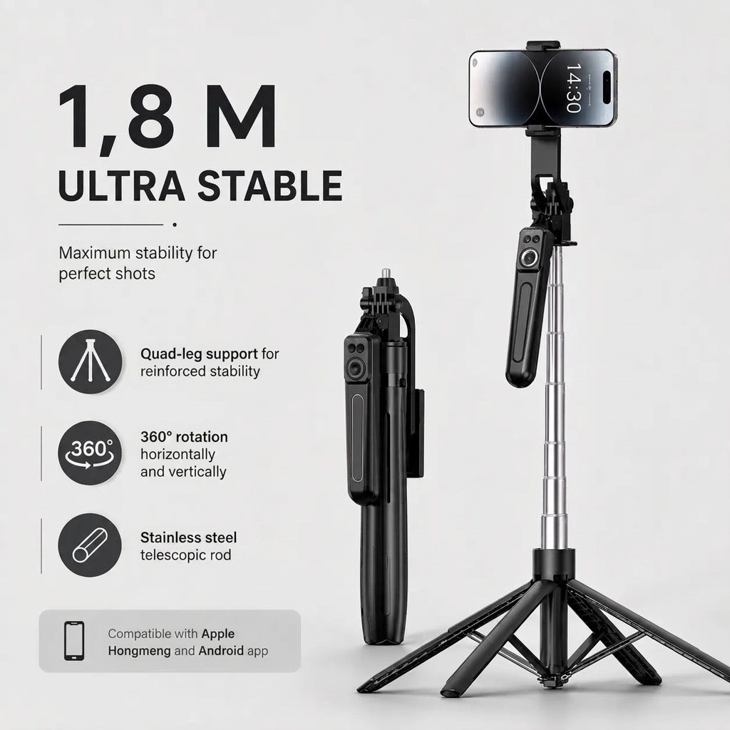 Phone Tripod 180 CM Black 4-Leg | iPhone & Android | Bluetooth Remote Included