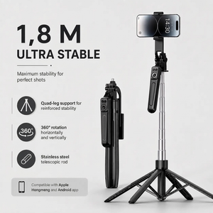 Phone Tripod 180 CM Black 4-Leg | iPhone & Android | Bluetooth Remote Included