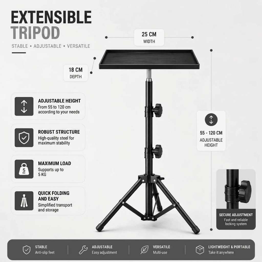 Projector Tripod 120 CM | Universal Projector Compatibility | Tray Included & Adjustable Height