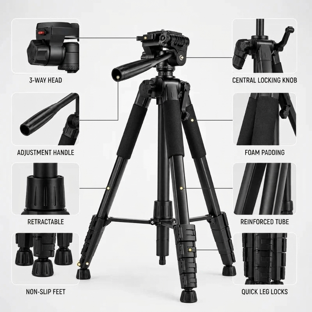 Camera Tripod 188 CM Aluminum | DSLR, Mirrorless & Smartphone | 1/4-inch Screw, Foam Grips & Carry Bag Included