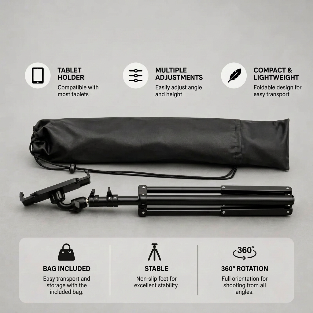 Tablet Tripod 160 CM Black | iPad & Samsung Galaxy | Storage Bag & Holder Included
