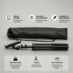 Tablet Tripod 160 CM Black | iPad & Samsung Galaxy | Storage Bag & Holder Included